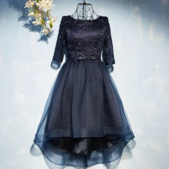 Chic Belle Bleu Marine Robe De Ceremonie Robe De Soirée 2017 Dentelle Fleur Noeud Paillettes Encolure Dégagée 1 2 Manches Courte Princesse