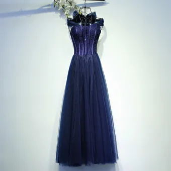 Chic Belle Bleu Marine Robe De Ceremonie Robe De Soirée 2017 Paillettes Sans Manches Amoureux Longueur Cheville Princesse