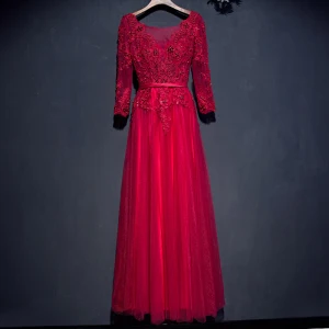 Chic Beautiful Red Formal Dresses Evening Dresses 2017 Lace Flower Sequins Pearl 3 4 Sleeve V Neck Ankle Length A Line Princess