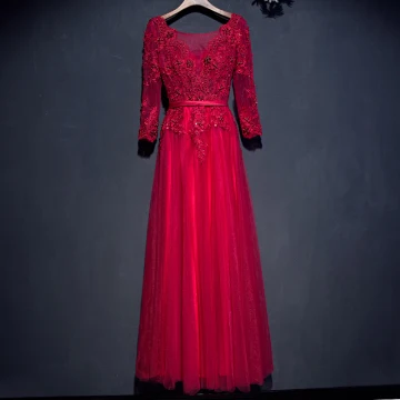 Chic Beautiful Red Formal Dresses Evening Dresses 2017 Lace Flower Sequins Pearl 3 4 Sleeve V Neck Ankle Length A Line Princess