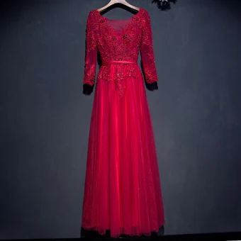 Chic Belle Rouge Robe De Ceremonie Robe De Soirée 2017 Dentelle Fleur Paillettes Perle 3 4 Manches V Cou Longueur Cheville Princesse