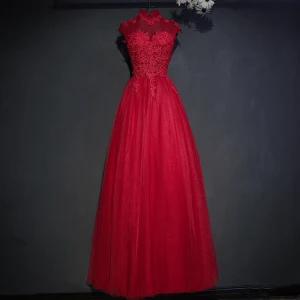 Chic Belle Robe De Ceremonie 2017 Dentelle Fleur Paillettes Col Haut Sans Manches Longue Robe Boule Robe De Soirée