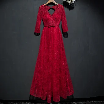 Chic Belle Rouge Robe De Ceremonie Robe De Soirée 2017 Dentelle Paillettes Noeud Dos Nu Longueur Cheville V Cou 3 4 Manches Princesse