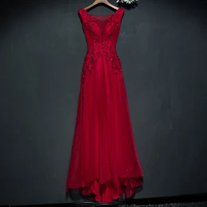 Chic Belle Rouge Robe De Ceremonie Robe De Soirée 2017 Dentelle Fleur Sans Manches Encolure Carrée Princesse