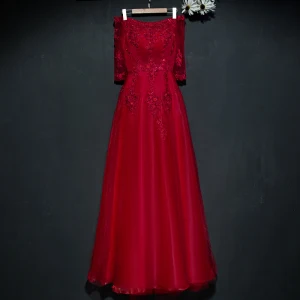 Chic Beautiful Red Formal Dresses Evening Dresses 2017 Lace Flower Sequins Off The Shoulder 1 2 Sleeves Ankle Length A Line Princess
