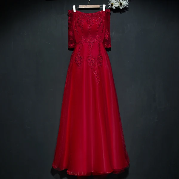 Chic / Beautiful Red Formal Dresses Evening Dresses 2017 Lace Flower Sequins Off-The-Shoulder 1/2 Sleeves Ankle Length A-Line / Princess