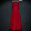 Chic / Beautiful Red Formal Dresses Evening Dresses  2017 Lace Flower Sequins Off-The-Shoulder 1/2 Sleeves Ankle Length A-Line / Princess