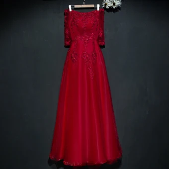 Chic Belle Rouge Robe De Ceremonie Robe De Soirée 2017 En Dentelle Fleur Paillettes De L Épaule 1 2 Manches Longueur Cheville Princesse
