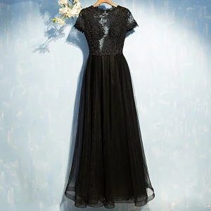 Elegant Black Formal Dresses 2017 Lace Flower Sequins Backless Ankle Length Short Sleeve A Line Princess Evening Dresses