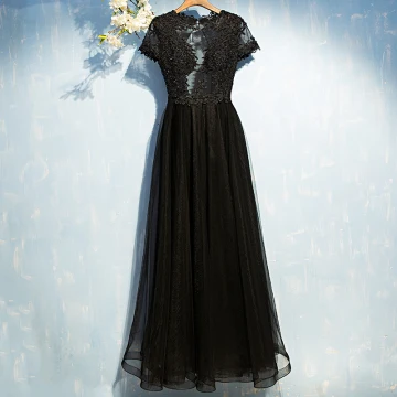 Elegant Black Formal Dresses 2017 Lace Flower Sequins Backless Ankle Length Short Sleeve A Line Princess Evening Dresses