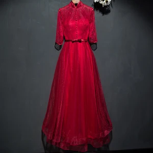 Chic Beautiful Red Formal Dresses 2017 Lace Flower Bow Ankle Length 3 4 Sleeve A Line Princess Evening Dresses