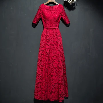 Chic Belle Rouge Robe De Ceremonie 2017 En Dentelle Fleur Encolure Dégagée 1 2 Manches Longueur Cheville Princesse Robe De Soirée