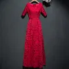 Chic / Beautiful Red Formal Dresses 2017 Lace Flower Scoop Neck 1/2 Sleeves Ankle Length A-Line / Princess Evening Dresses