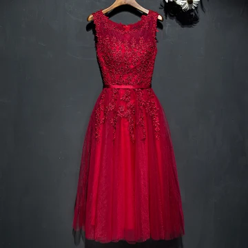 Chic Beautiful Red Formal Dresses 2017 Lace Flower Pearl Scoop Neck Sleeveless Tea Length A Line Princess Evening Dresses