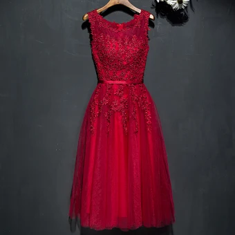 Chic Belle Rouge Robe De Ceremonie 2017 En Dentelle Fleur Perle Encolure Dégagée Sans Manches Thé Longueur Princesse Robe De Soirée