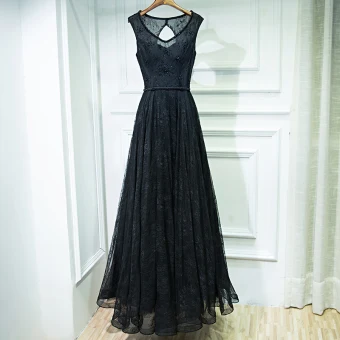 Black Elegant Formal Dresses Lace Flower Strappy Sequins Ankle Length V Neck Sleeveless Ball Gown A Line Princess 2017 Evening Dresses