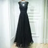 Black Elegant Formal Dresses Lace Flower Strappy Sequins Ankle Length V-Neck Sleeveless Ball Gown A-Line / Princess 2017 Evening Dresses