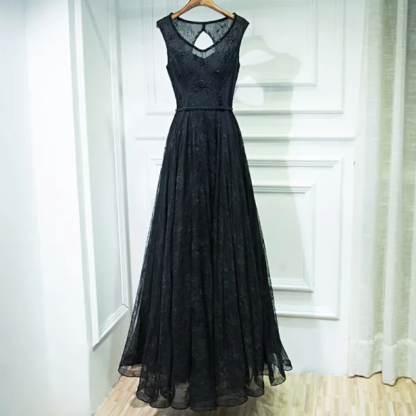 Black Elegant Formal Dresses Lace Flower Strappy Sequins Ankle Length V-Neck Sleeveless Ball Gown A-Line / Princess 2017 Evening Dresses