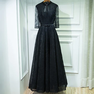 Classic Black Formal Dresses 2017 Lace Flower Sequins Pearl 3 4 Sleeve Ankle Length A Line Princess Evening Dresses