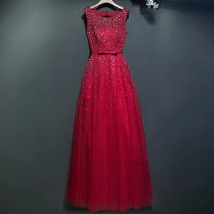 Scintillantes Rouge Robe De Soirée 2017 Dentelle Fleur Paillettes Encolure Dégagée Sans Manches Longueur Cheville Empire Robe De Ceremonie