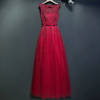 Glitzernden Rot Abendkleider 2017 Spitze Blumen Pailletten Rundhalsausschnitt Ärmellos Knöchellänge Empire Festliche Kleider