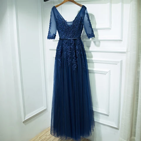 Modest / Simple Navy Blue Wedding Party Dresses Bridesmaid Dresses 2017 Lace Flower Sequins V-Neck Ankle Length Bridesmaid 1/2 Sleeves Empire