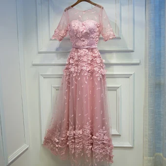 Lovely Candy Pink Formal Dresses 2017 Lace Flower Strappy Scoop Neck 1 2 Sleeves Tea Length A Line Princess Prom Dresses