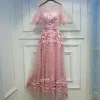 Lovely Candy Pink Formal Dresses 2017 Lace Flower Strappy Scoop Neck 1/2 Sleeves Tea-length A-Line / Princess Prom Dresses