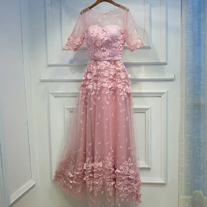 Encantador Rosa Vestidos Formales 2017 De Encaje Flor De Tiras Scoop Escote 1 2 Ærmer Té De Longitud A Line Princess Vestidos De Gala