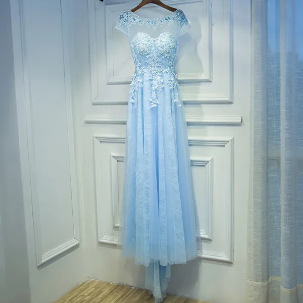 Elegant Sky Blue Wedding Party Dresses 2017 Empire Lace Flower Beading Scoop Neck Short Sleeve Tea-length Bridesmaid Dresses