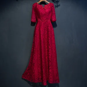 Chic Belle Rouge Robe De Ceremonie 2017 Princesse En Dentelle Fleur Perlage Encolure Dégagée 1 2 Manches Longueur Cheville Robe De Soirée