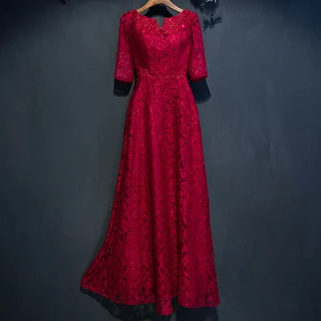 Chic Belle Rouge Robe De Ceremonie 2017 Princesse En Dentelle Fleur Perlage Encolure Dégagée 1 2 Manches Longueur Cheville Robe De Soirée