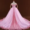 Romantic Candy Pink Ball Gown Corset Wedding Dresses 2017 Off-The-Shoulder Short Sleeve Backless Tulle Flower Cathedral Train