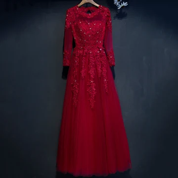 Chic Belle Rouge Robe De Ceremonie 2017 Princesse Dentelle Fleur Perlage Cristal Encolure Dégagée Manches Longues Longue Robe De Soirée