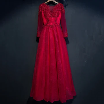 Chic Belle Rouge Robe De Ceremonie 2017 Fleur Dentelle Perlage 3 4 Manches Longue Princesse Robe De Soirée