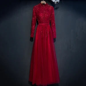Chic Belle Rouge Robe De Ceremonie 2017 Princesse En Dentelle Fleur Perlage Col Haut Longue Manches Longues Robe De Soirée