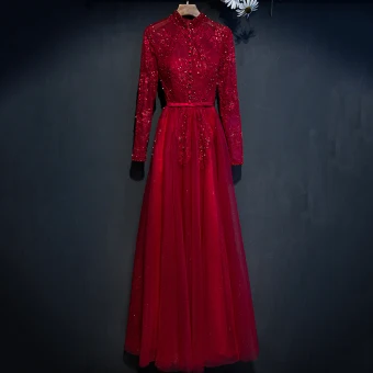 Chic Belle Rouge Robe De Ceremonie 2017 Princesse En Dentelle Fleur Perlage Col Haut Longue Manches Longues Robe De Soirée