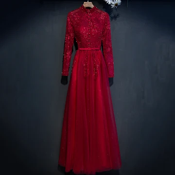Chic Beautiful Red Formal Dresses 2017 A Line Princess Lace Flower Beading High Neck Floor Length Long Long Sleeve Evening Dresses