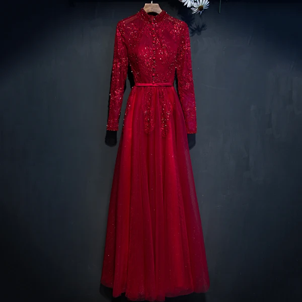 Chic / Beautiful Red Formal Dresses 2017 A-Line / Princess Lace Flower Beading High Neck Floor-Length / Long Long Sleeve Evening Dresses