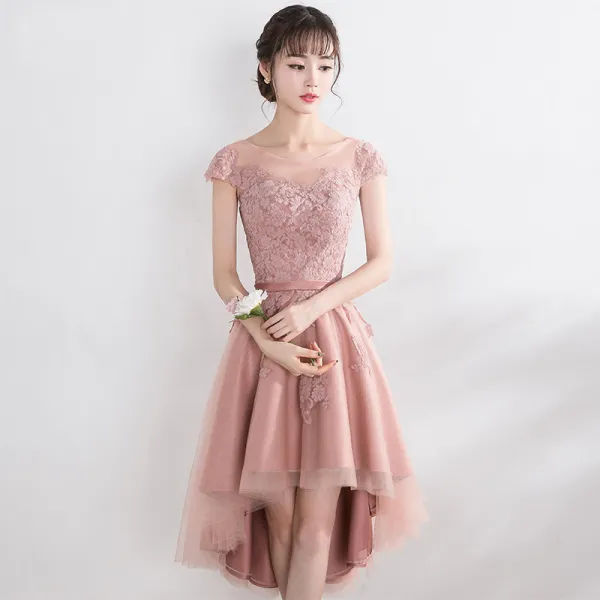 Lovely Pearl Pink Graduation Dresses 2017 A-Line / Princess Lace Flower Strappy Scoop Neck Short Sleeve Backless Formal Dresses