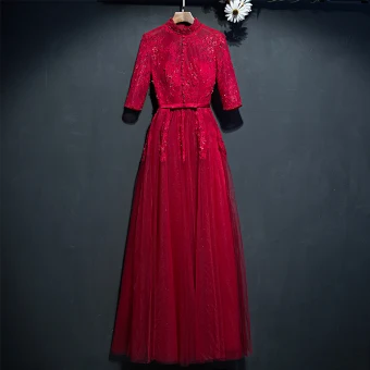Chic Belle Rouge Robe De Ceremonie Robe De Soirée 2017 En Dentelle Fleur Noeud Paillettes Col Haut 1 2 Manches Longueur Cheville Princesse