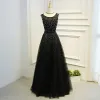 Amazing / Unique Black Formal Dresses 2017 A-Line / Princess Lace Flower Bow Sequins Backless Scoop Neck Short Sleeve Floor-Length / Long Evening Dresses