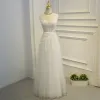 Elegantes Blanco Vestidos Formales 2017 A-Line / Princess Con Encaje Flor Perla De Tiras Lentejuelas Manga Corta Largos Vestidos de gala