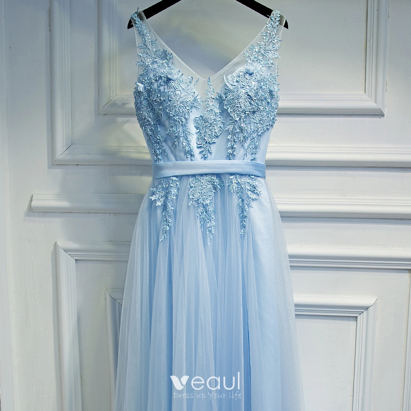Elegant Sky Blue Bridesmaid Dresses 2017 A-Line / Princess Lace Flower Beading Backless V-Neck Sleeveless Ankle Length Wedding Party Dresses