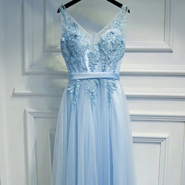 Elegant Sky Blue Bridesmaid Dresses 2017 A-Line / Princess Lace Flower Beading Backless V-Neck Sleeveless Ankle Length Wedding Party Dresses