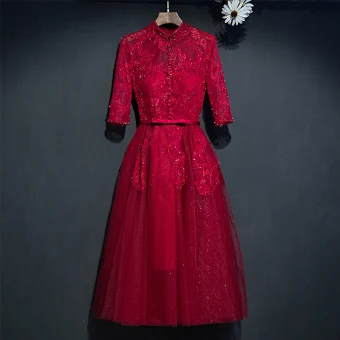 Chic Belle Rouge Robe De Ceremonie Robe De Soirée 2017 Dentelle Fleur Noeud Col Haut 1 2 Manches Courte Princesse