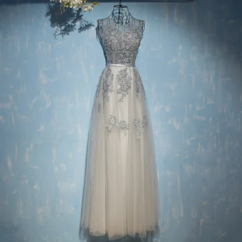 Chic Belle Gris Robe Pour Mariage 2017 En Dentelle Fleur Paillettes Lanières Sans Manches Encolure Dégagée Longueur Cheville Empire Robe Demoiselle D 039 Honneur