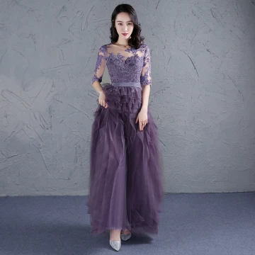 Élégant Grape Robe De Bal 2017 Encolure Dégagée 1 2 Manches Appliques En Dentelle Ceinture Volants Tulle Longue Robe De Ceremonie