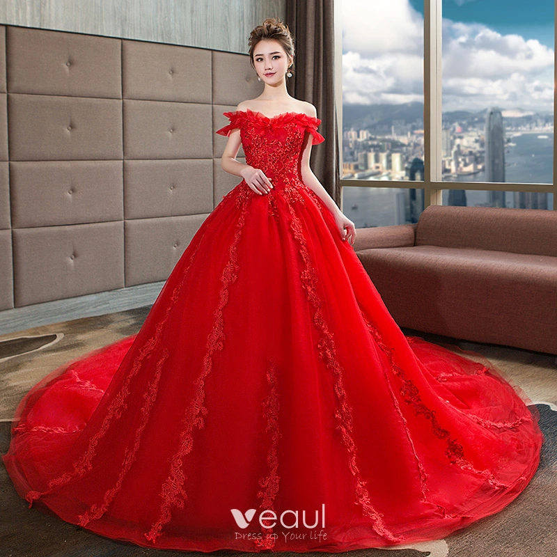 Modern Fashion Red Wedding Dresses 2018 Ball Gown Beading Lace Sequins Off The Shoulder Backless Short Sleeve Royal Train Wedding