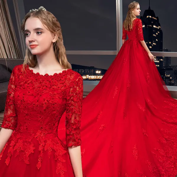 Moderne / Mode Rouge Robe De Mariée 2018 Princesse Appliques En Dentelle Cristal Encolure Dégagée 3/4 Manches Royal Train Mariage